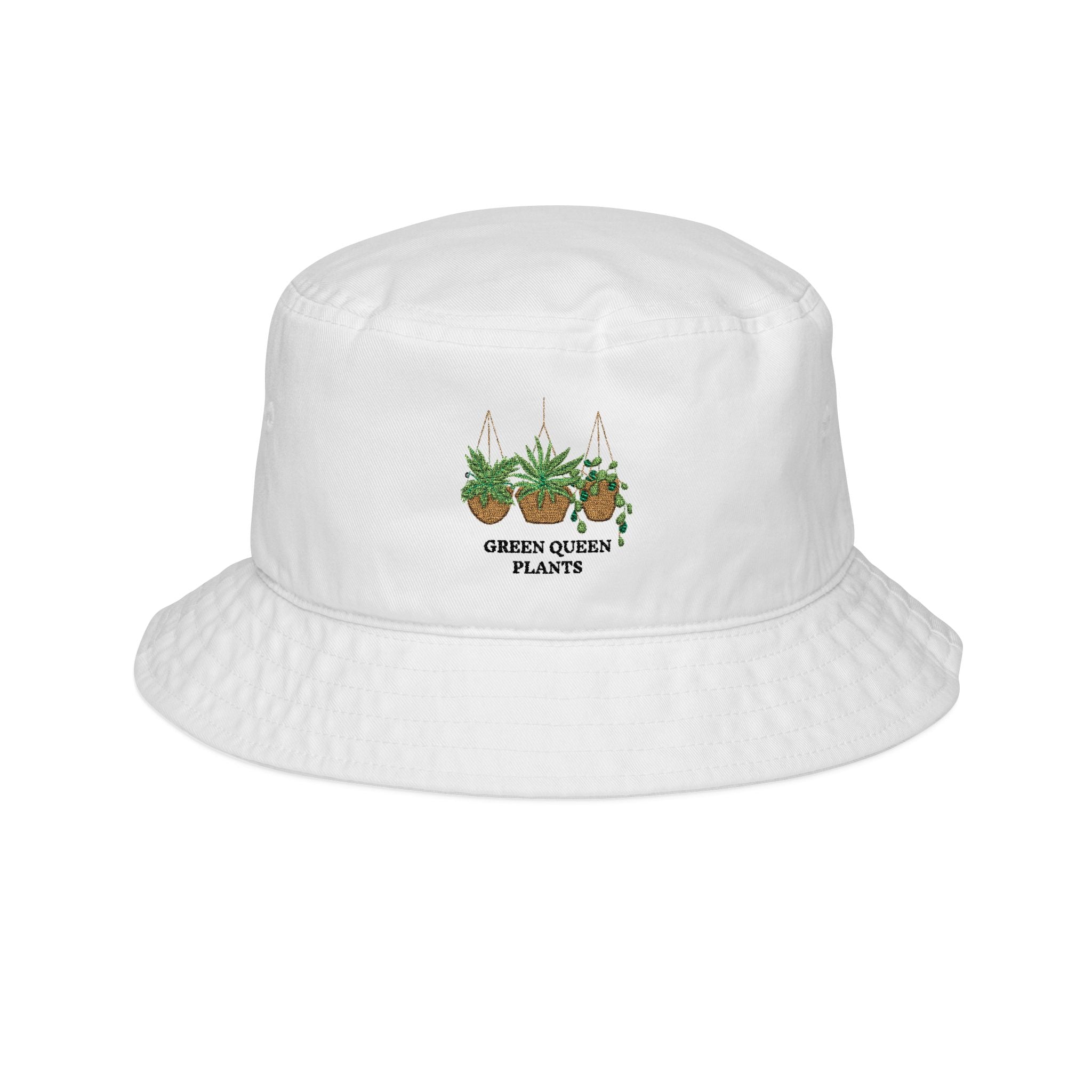 Green Queen Plants Bucket Hat — Embroidered Hanging Pots Garden Hat